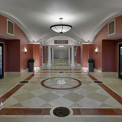 Bon Secours Watkins Center interior view of the main hallway tiled entry way.