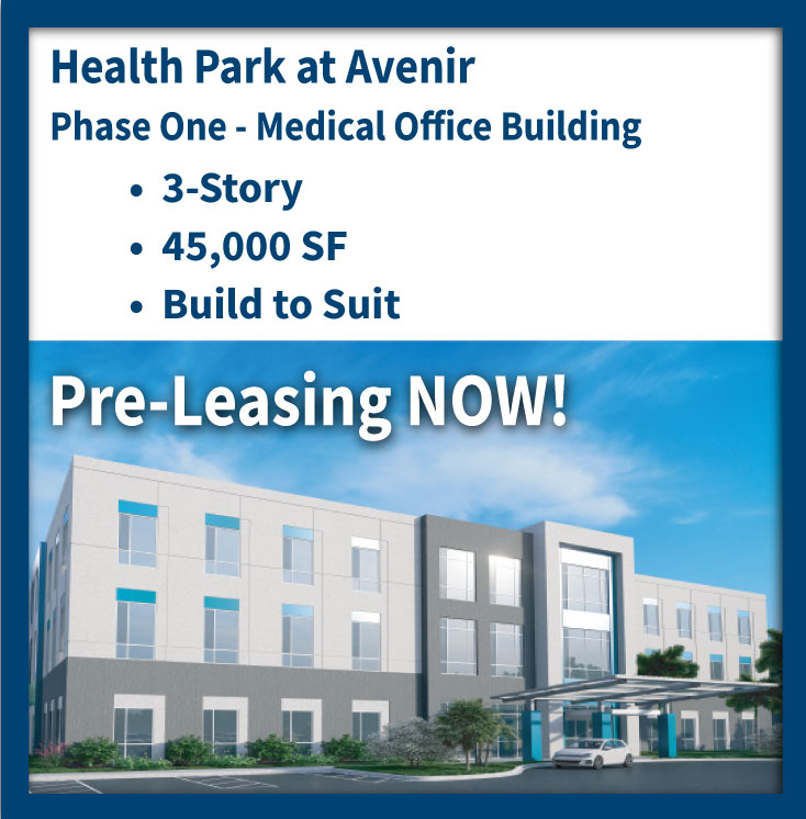 An infographic featuring the text of Health Park at Avenir, medical office building now available for pre-leasing. The graphic has an illustration of a proposed finished building.